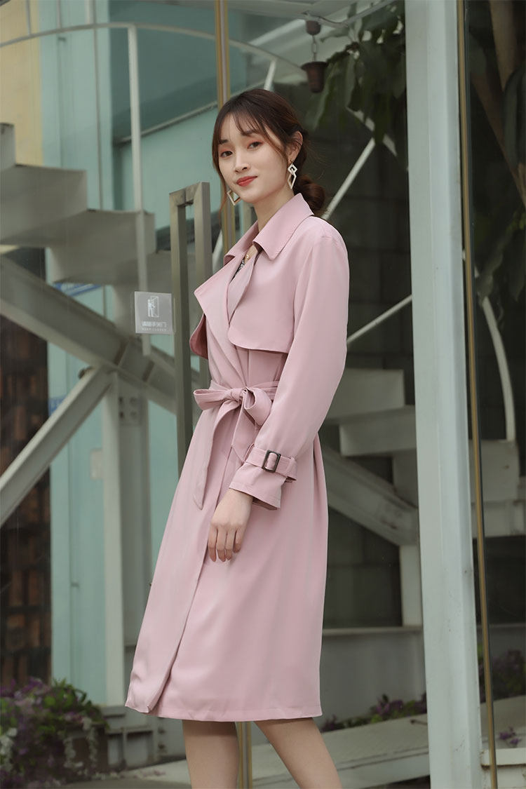 日单女装春款粉色防皱雪纺风衣