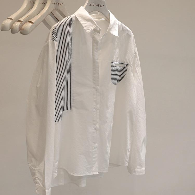 【精选炸街单品】夏时尚设计感拼接细条纹Polo领宽松长袖白色衬衫