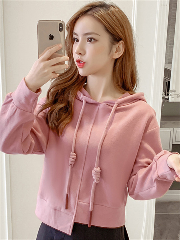 小个子粉色短款连帽卫衣女秋冬2020新款不规则加绒加厚宽松潮ins