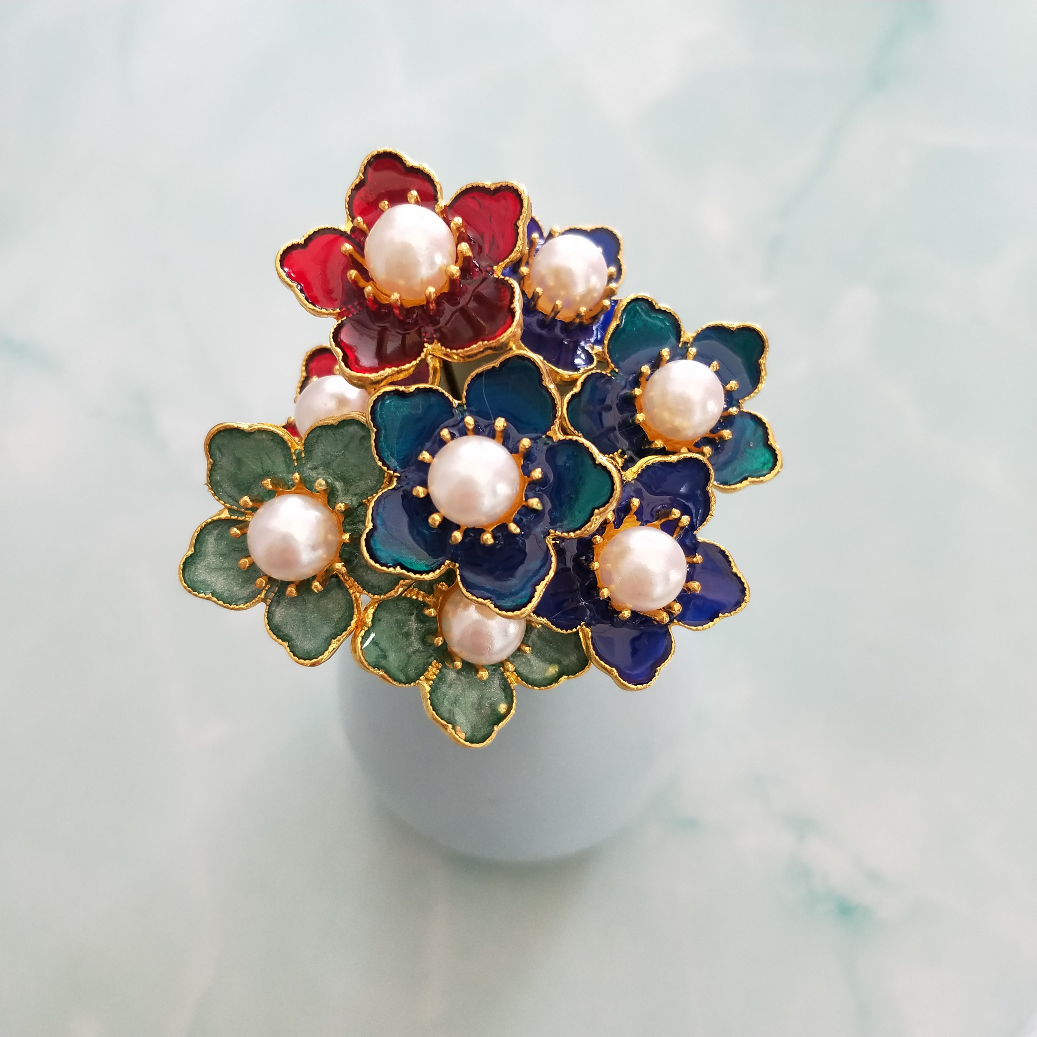 一对价多色景泰蓝滴油百搭基础小花簪发钗点缀仿点翠五瓣花烧蓝