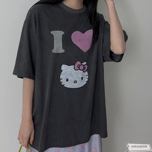 现韩国东大门代购女2024PEBBLE新款百搭宽松爱心猫咪印花短袖T恤