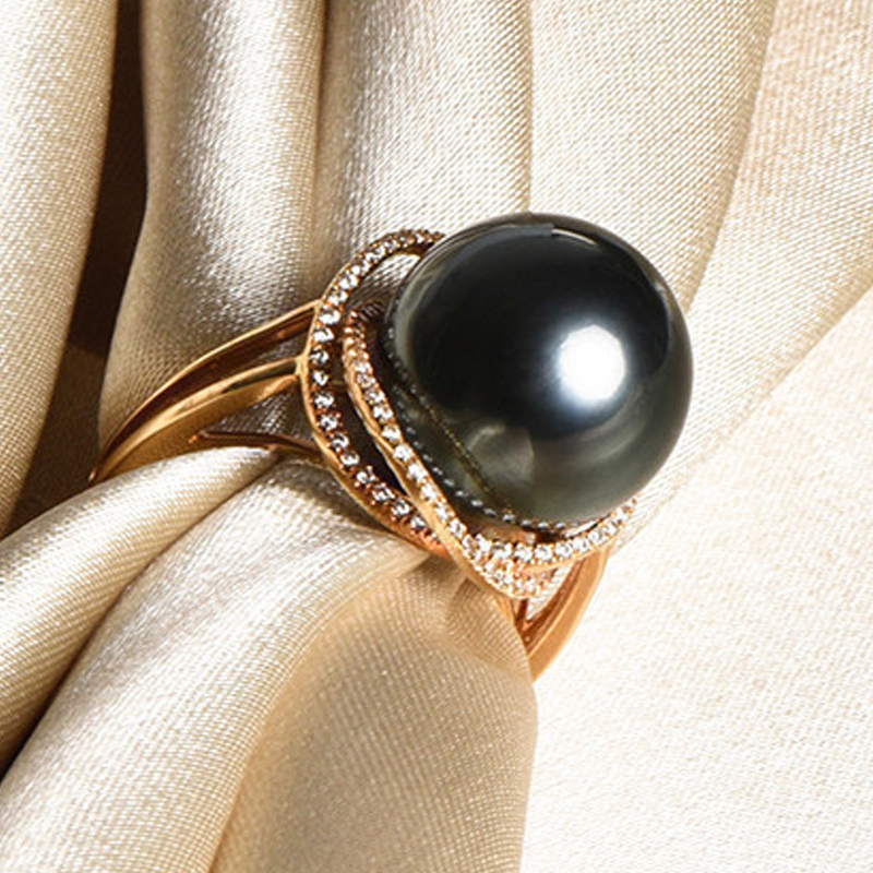 凤仪阁18k金1314mm海水大溪地黑珍珠戒指强光指环手饰
