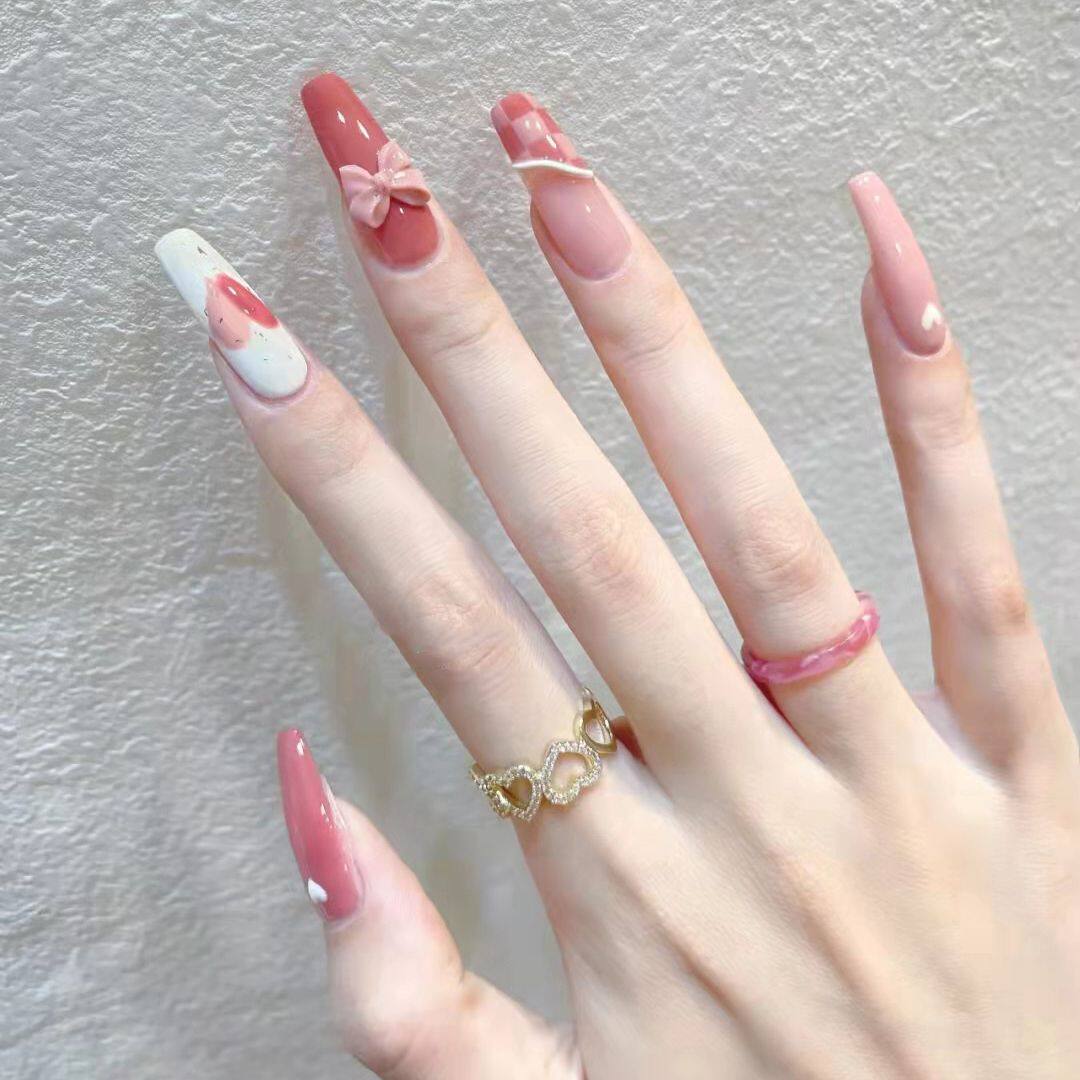 穿戴甲手工定制豆沙红粉磨砂亮面棋盘格少女辣妹指甲贴片美甲成品