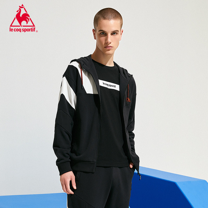 乐卡克法国公鸡拼接设计时尚运动带帽拉链外套男