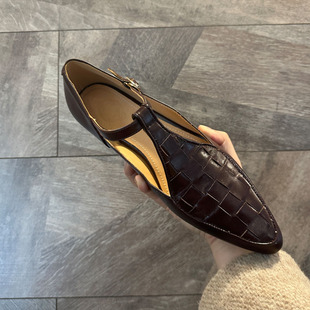欧洲站胎牛皮法式气质棕色尖头单鞋女设计感小众气质名媛新中式鞋