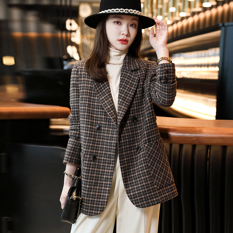 秋安旗舰店的优惠券大全—早秋格子西装外套女春秋英伦风宽松千鸟格