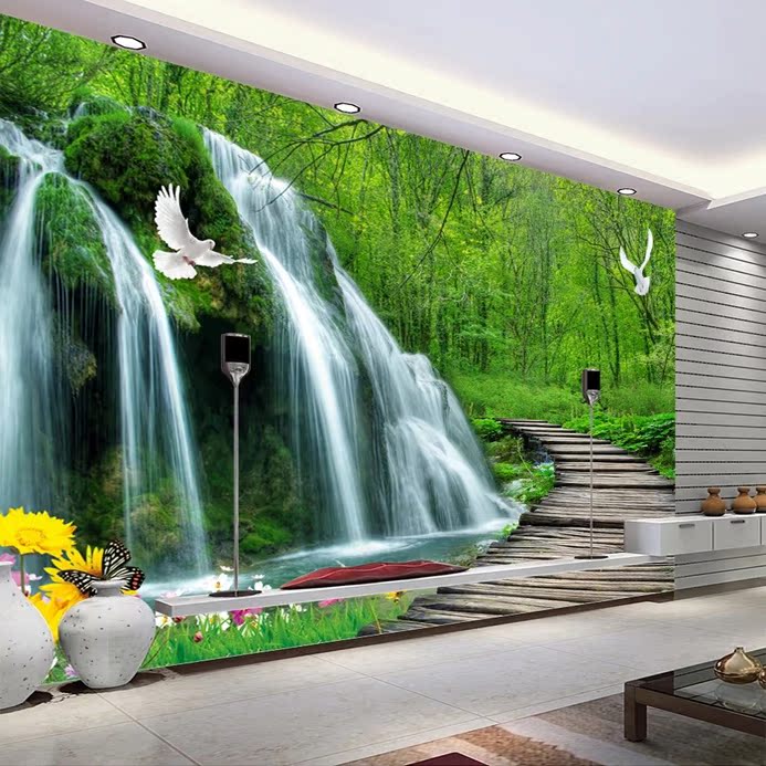 壁纸自粘田园3d立体风景山水墙贴大自然客厅仿真背景墙面装饰品画