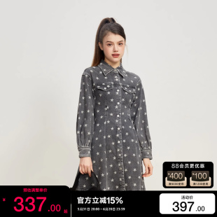 绫致ONLY2024春夏新款时尚翻领满印短款牛仔衬衫连衣裙女