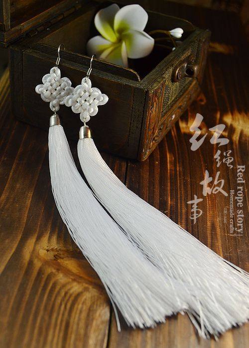 流苏耳环民族风 超仙_古典民族风旗袍饰品中国结耳饰 白色耳环长款
