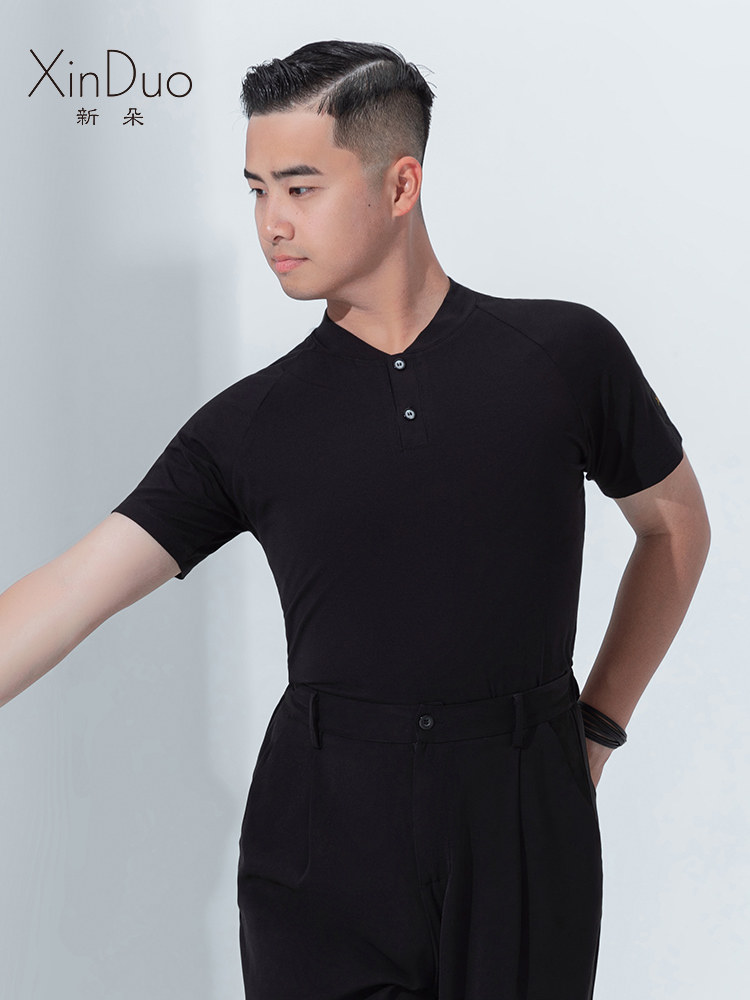 新朵国标舞摩登舞上衣男夏季新款立领短袖t恤拉丁舞练功舞蹈服装