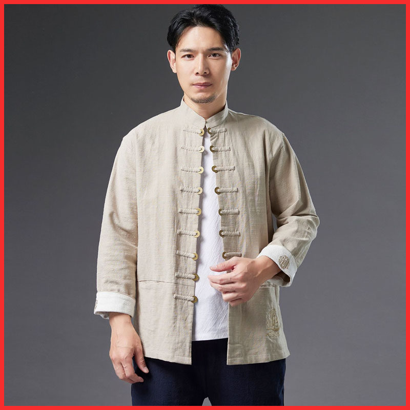 (今日5折)春秋民族风男装国潮百宝衣苎麻刺绣可挽袖