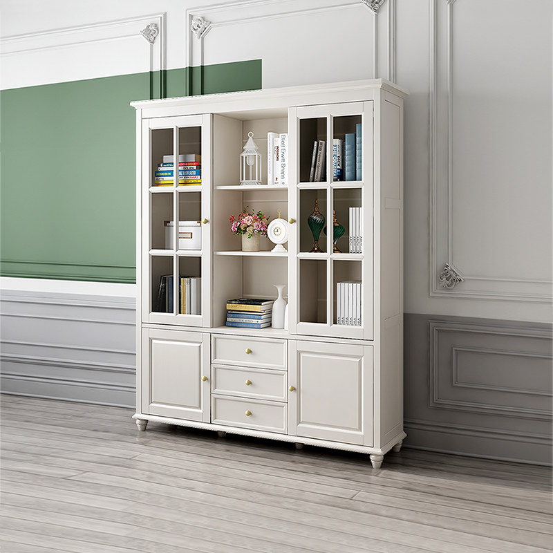 美式实木书柜 三门书柜带玻璃门 储物书柜一体靠墙 1.6米书柜轻奢