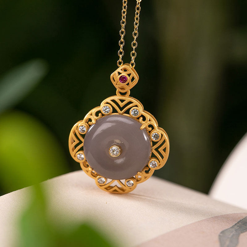 原创s925纯银镀金镶嵌天然和田玉烟紫如意平安扣女士吊坠挂坠