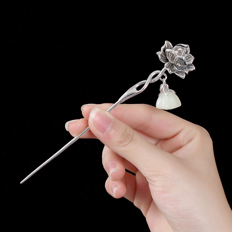 高档古风s925纯银天然和田玉白玉莲蓬荷花手工荷花盘发发簪发饰