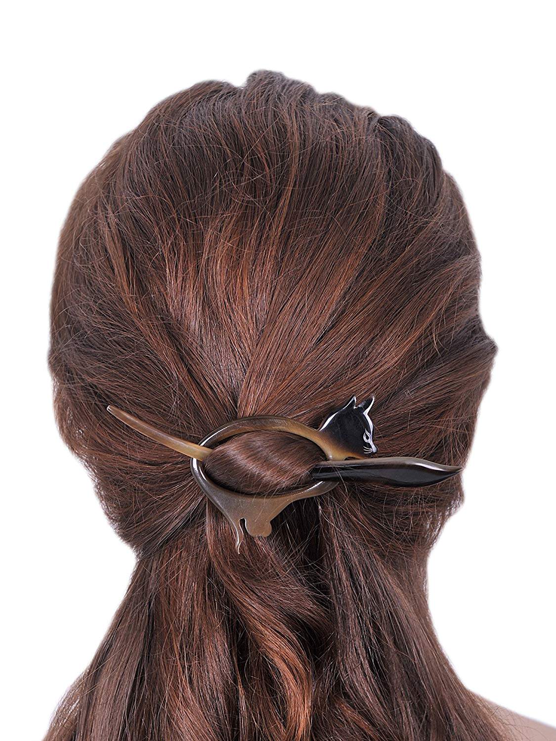 美国直邮代购marycrafts水牛角手工盘发发簪猫咪披肩别针12cm