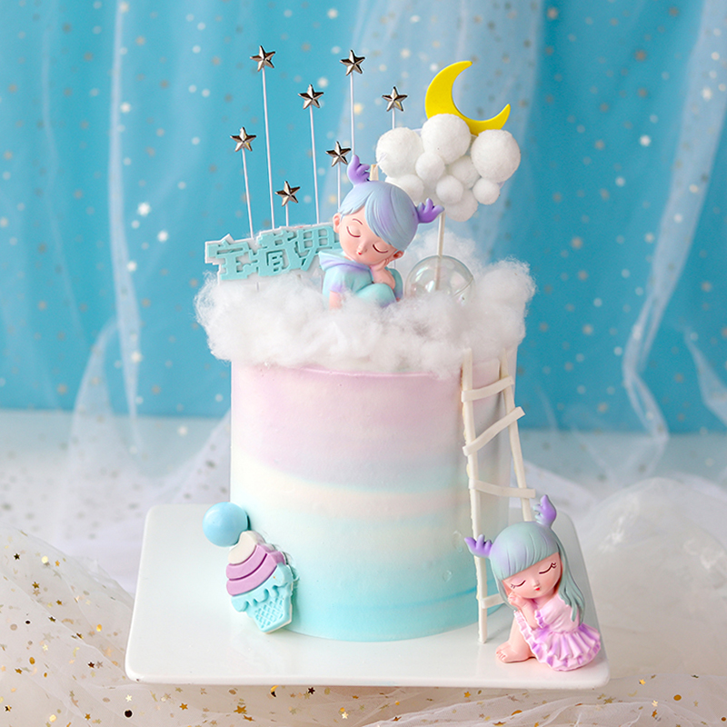 儿童生日蛋糕幽静之鹿男孩女孩云朵月亮星星装饰甜品蛋糕插旗摆件