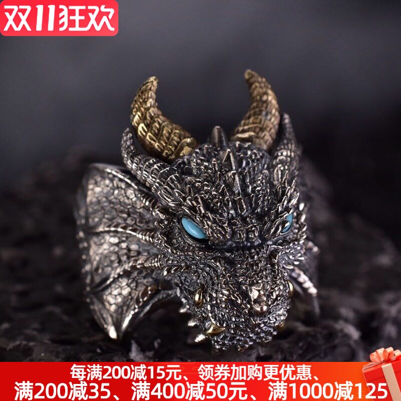 原创设计深渊魔龙戒指纯银男士复古开口可调节霸气个性潮男