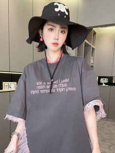 RR fashion 短袖连衣裙女2024夏季新款字母印花拼接蕾丝网纱T恤裙