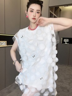 RR fashion 连衣裙女2024夏季新款法式网纱拼接蝴蝶装饰无袖T恤裙