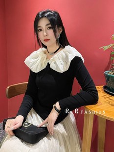 RR fashion T恤女2024夏季新款法式小清新一字肩荷叶边长袖上衣