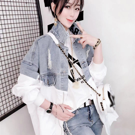 Splicing Fake Two Piece Denim Coat Women's 2020 Autumn New European Standing Collar Letter Loose Windbreaker Coat Splicing Fake Two Piece Denim Coat Women's 2020 Autumn New European Standing Collar Letter Loose Windbreaker Coat