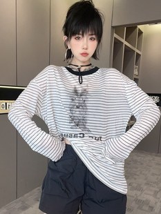 RR fashion 条纹T恤女2024夏季新款设计感字母小狗印花长袖上衣