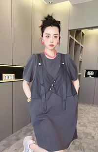 RR fashion 短袖连衣裙女2024夏季新款不规则拼接假两件圆领裙子