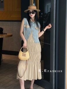 RR fashion 单排扣牛仔马甲吊带连衣裙套装两件套女2024夏季新款