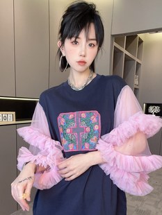 RR fashion 短袖连衣裙女2024夏季新款重工刺绣网纱拼接圆领裙子