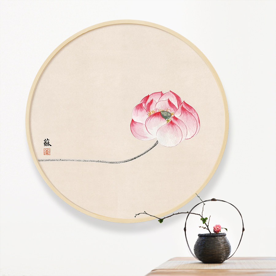 新中式荷花莲蓬装饰画圆形实木禅意挂画玄关书房茶舍吉祥壁画