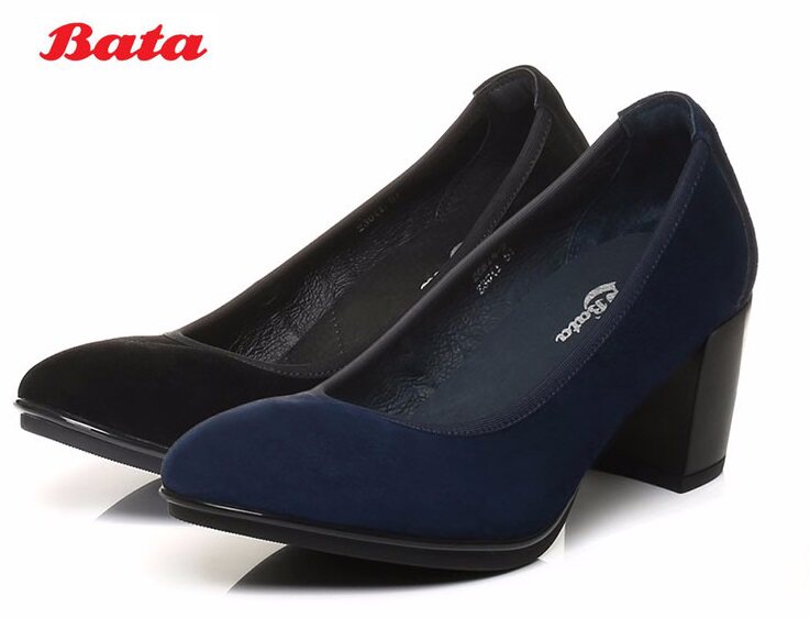 bata浅口鞋女单2022春季新款百搭舒适牛皮粗跟蝴蝶结单鞋20095aq2