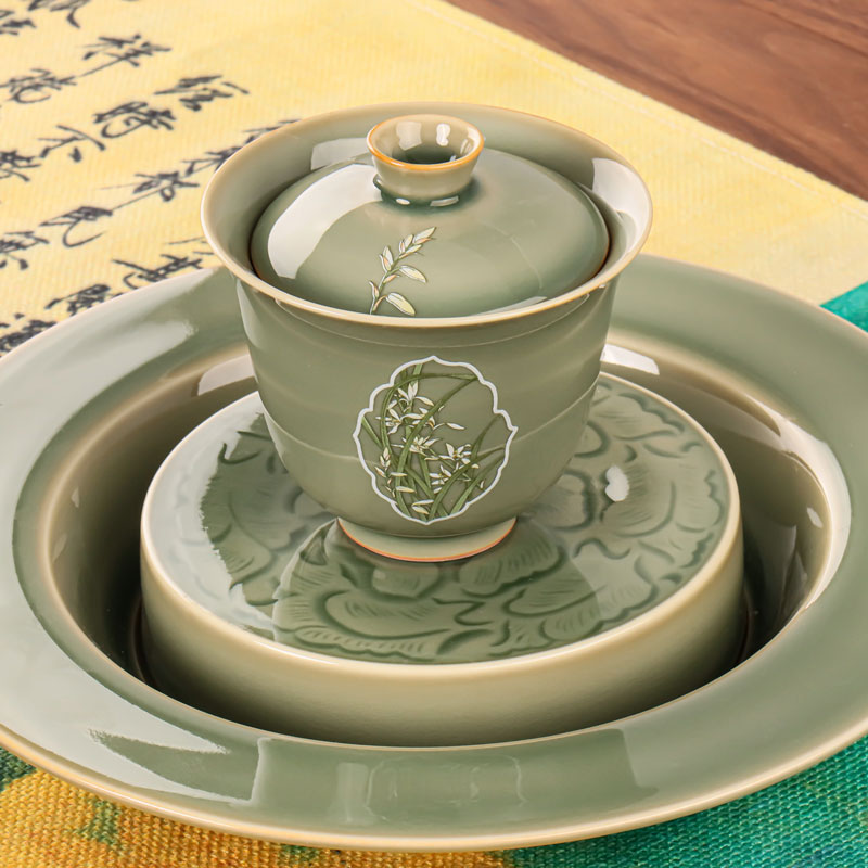 中式耀州窑秘色青瓷复刻釉水复古文艺创意茶道葫芦形装饰兰花盖碗
