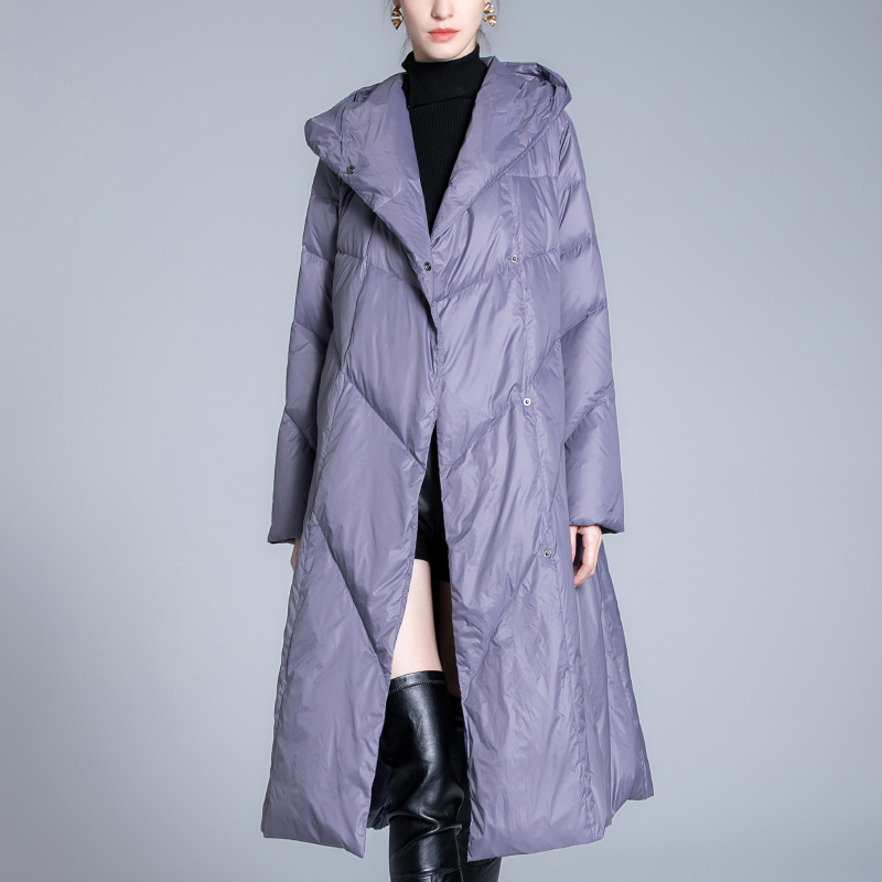 香芋紫羽绒服女冬季长款2021新款过膝女士加厚白鸭绒时尚连帽外套