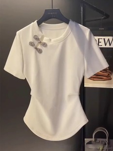 法式新中式国风盘扣上衣高端时装设计感小众白色修身短袖t恤女夏