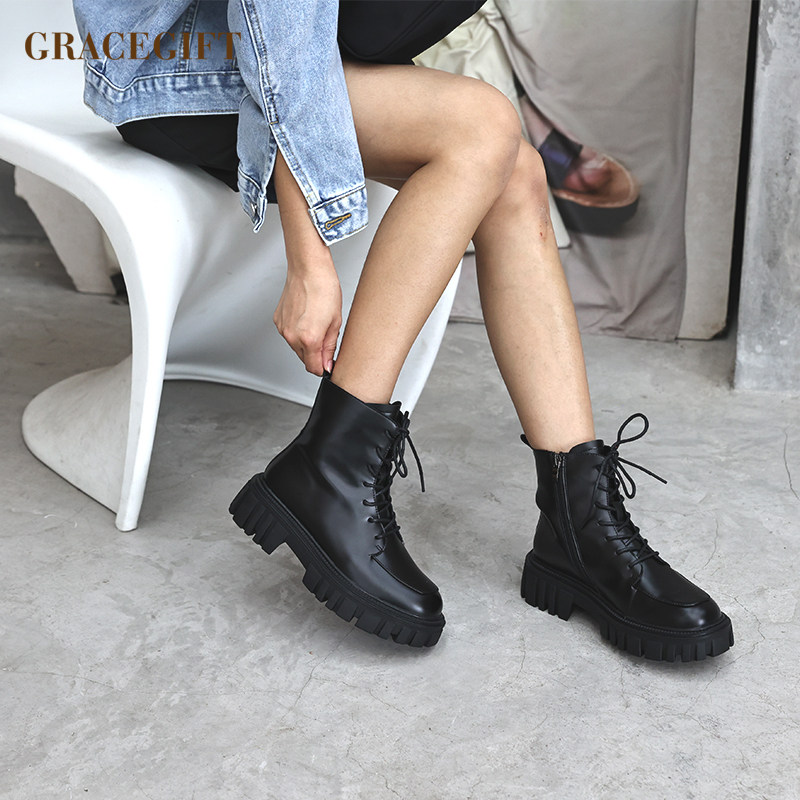 gracegift海淘鞋包的优惠券大全—grace gift厚底马丁靴女瘦腿短靴