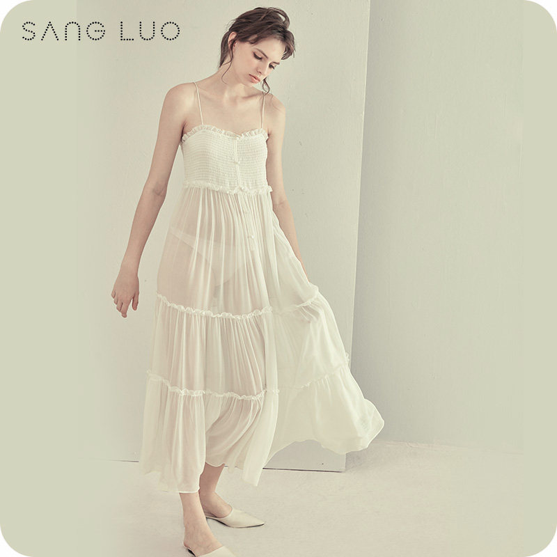 白色超仙度假连衣裙桑罗女夏桑蚕丝长款睡衣性感透明真丝吊带睡裙
