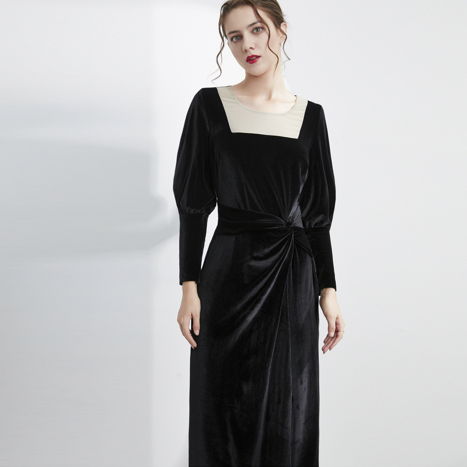 rl法式复古宫廷丝绒连衣裙网纱拼接灯笼袖收腰显瘦丝绒连衣裙大码