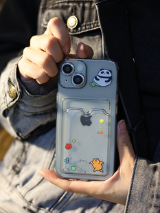 原创可插卡可爱熊猫手机壳透明壳iPhone15pro多功能iphone14pro max/iPhone11/12iPhone pro13iPhone14/15