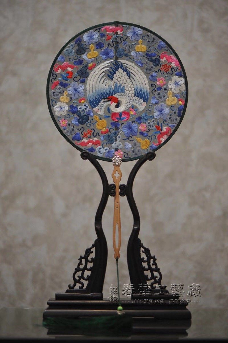 汉服扇宫扇团扇双面刺绣苏绣手工古风礼品扇摄影道具紫光檀木柄