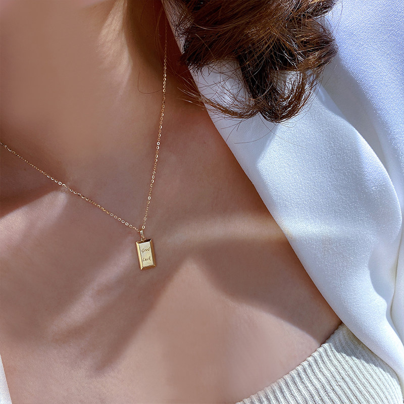 韩国流行14k黄金项链女 简约几何金砖字母精致素金锁骨链坠吊坠