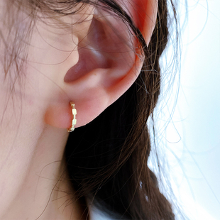 韩国流行10K 14K黄金耳环女 简约新款潮几何小方块素圈彩金耳扣