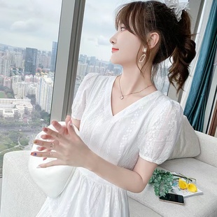 纯棉白色连衣裙女2024春夏气质修身中长裙高级感长袖法式仙女裙子