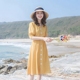 黄色连衣裙女夏季2024新款高级感收腰修身显瘦法式v领气质中长裙