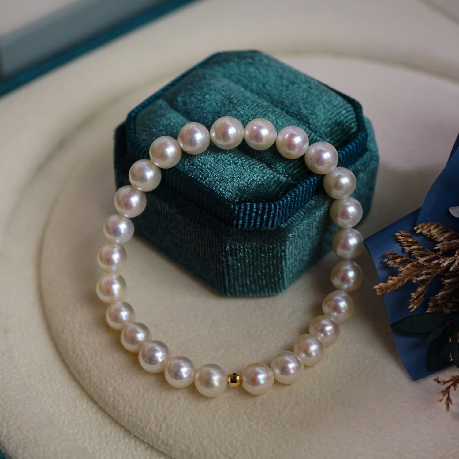 18k黄金金豆豆极亮正圆无瑕天然白色ak珍珠手链65mm