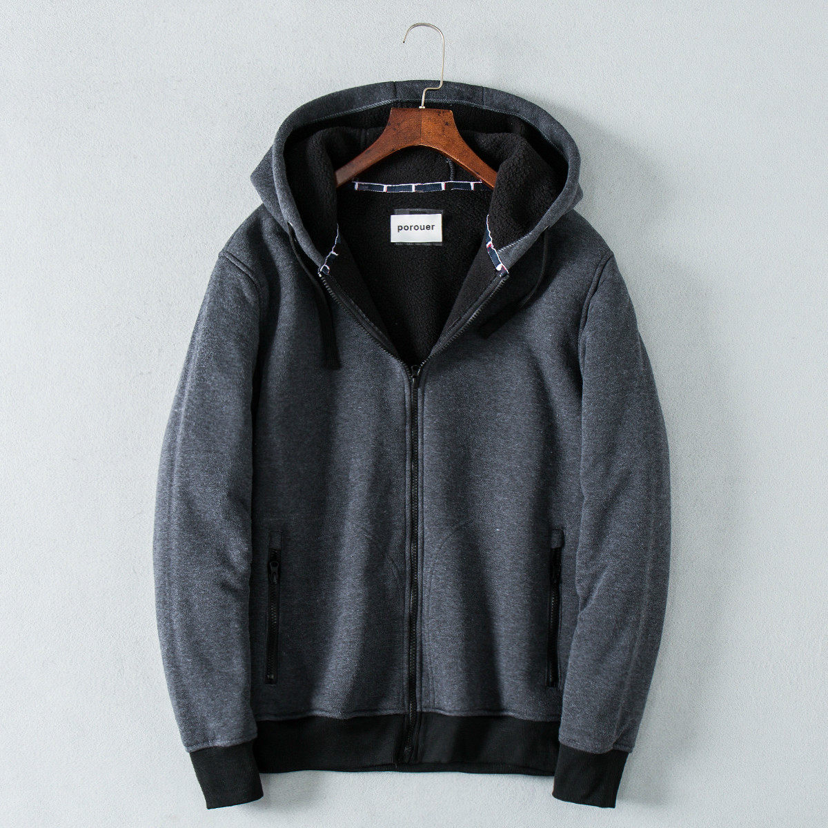 出欧美 加绒加厚连帽卫衣 纯色运动加大码男士外套