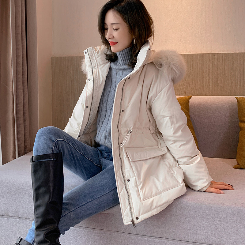 毛领羽绒服女中长款欧洲站2020冬季新款欧货时尚立领连帽收腰外套