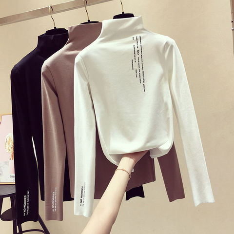 加绒/不加绒新款打底衫秋冬韩版学生半高领修身长袖t恤女薄绒上衣