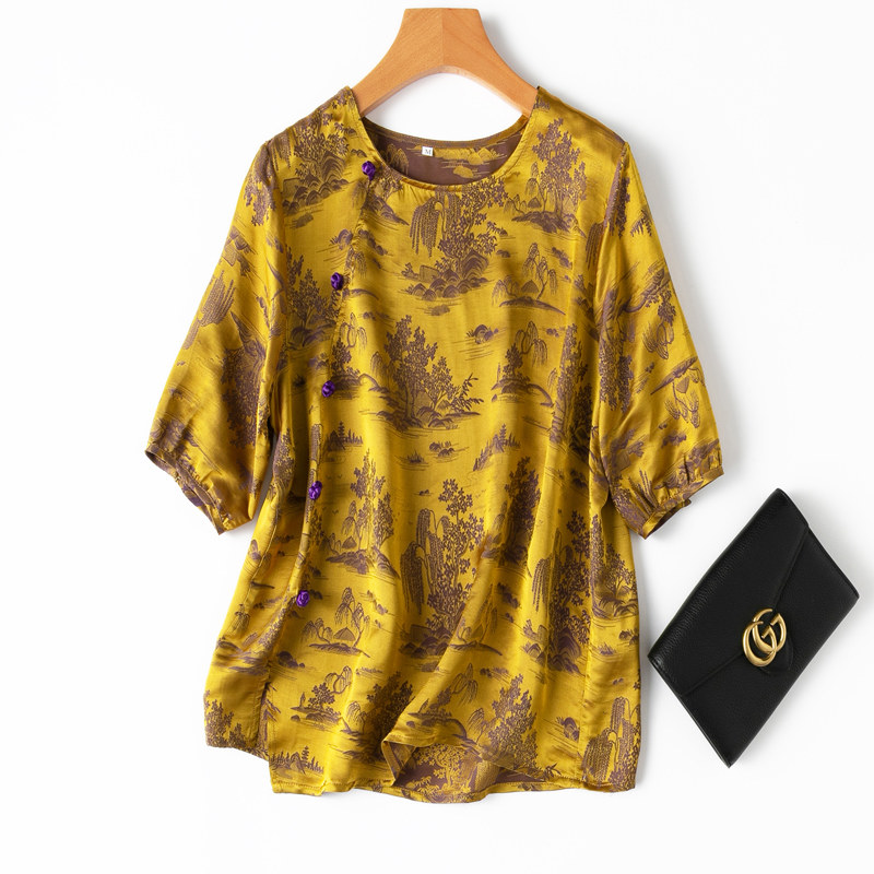 国风提花织锦缎盘扣桑蚕丝金黄色短袖真丝t恤上衣女