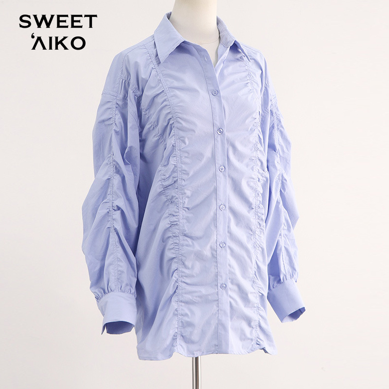 Sweet aiko曼曼同款设计感小众褶皱时尚宽松减龄中长款长袖衬衫女