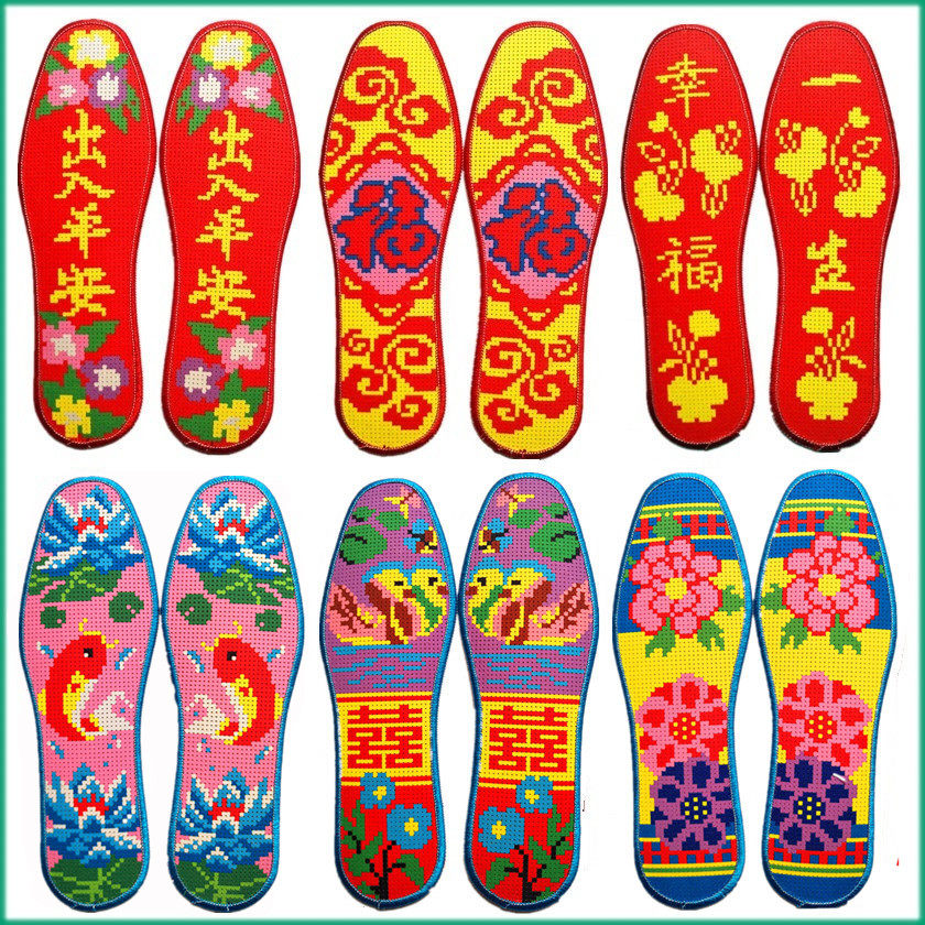 特价鞋垫半成品_湘西新款针孔印花十字绣鞋垫纯棉加厚透气吸汗男女半